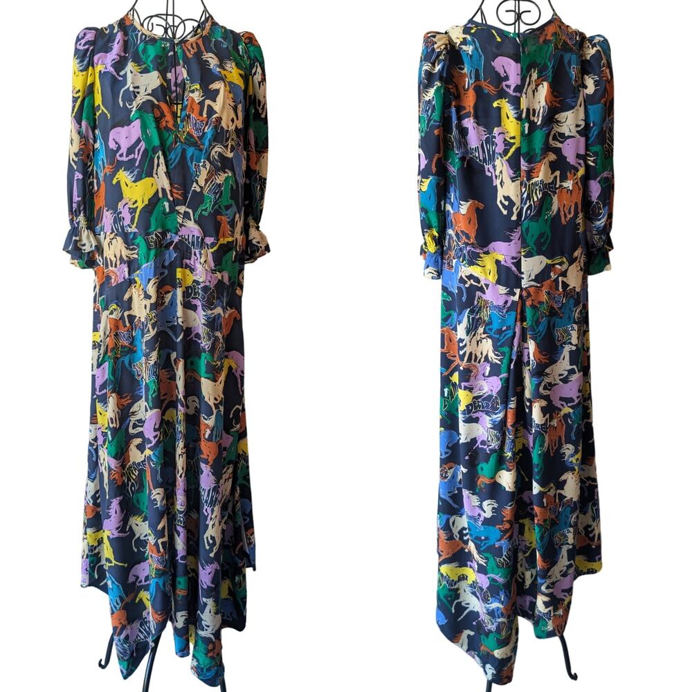 Zadig & Voltaire Defile Ranage Horse Print Blueberry Blue Silk Dress Large RARE